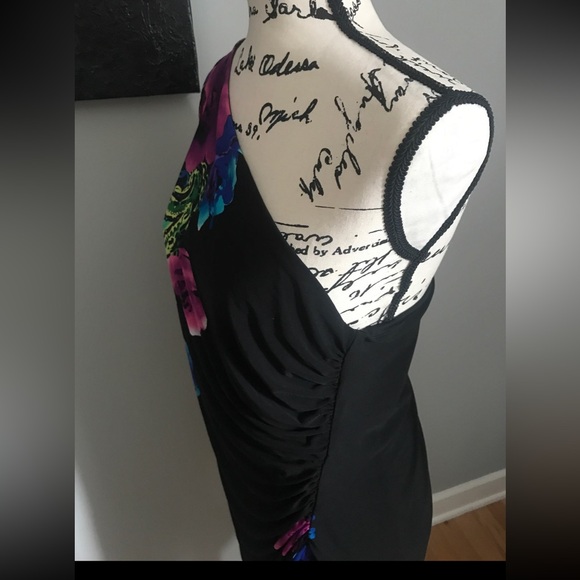 GORGEOUS Sexy Black Floral BISOU BISOU One Shoulder BODYCON Dress FAUX WRAP - Picture 4 of 7